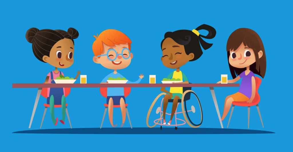 Cartoon of four diverse kids sitting at a cafeteria table