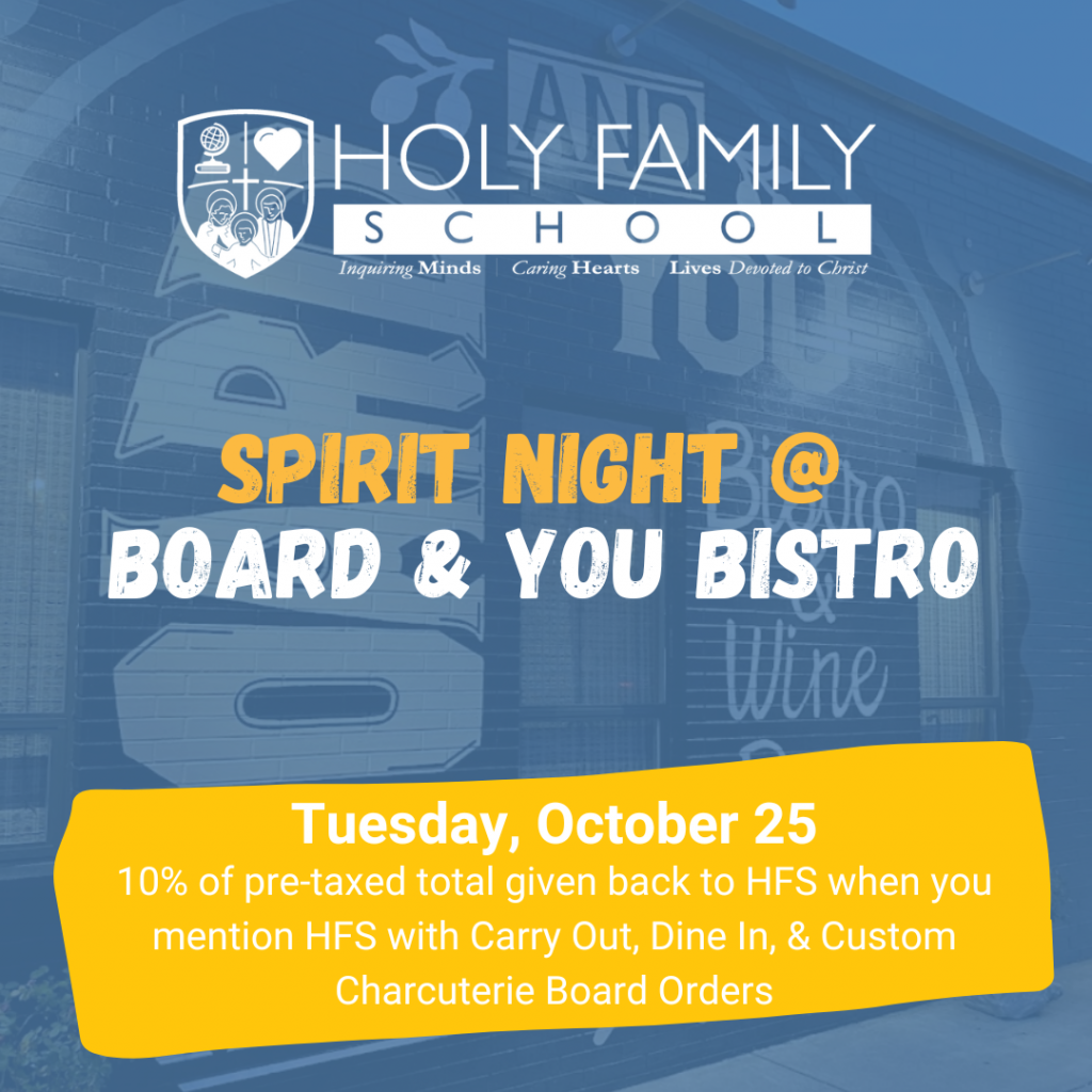 graphic reading spirit night at board and you bistro - tuesday, october 25 - 10% of pretaxed total given back to HFS when you mention HFS with carry out, dine in, and custom charcuterie board orders.