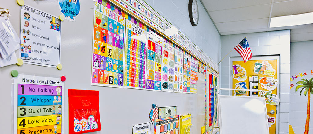 kindergarten classroom wall filled with learning tools